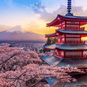 Pagode Chureito, sakuras en fleurs et Mont Fuji au crépuscule.